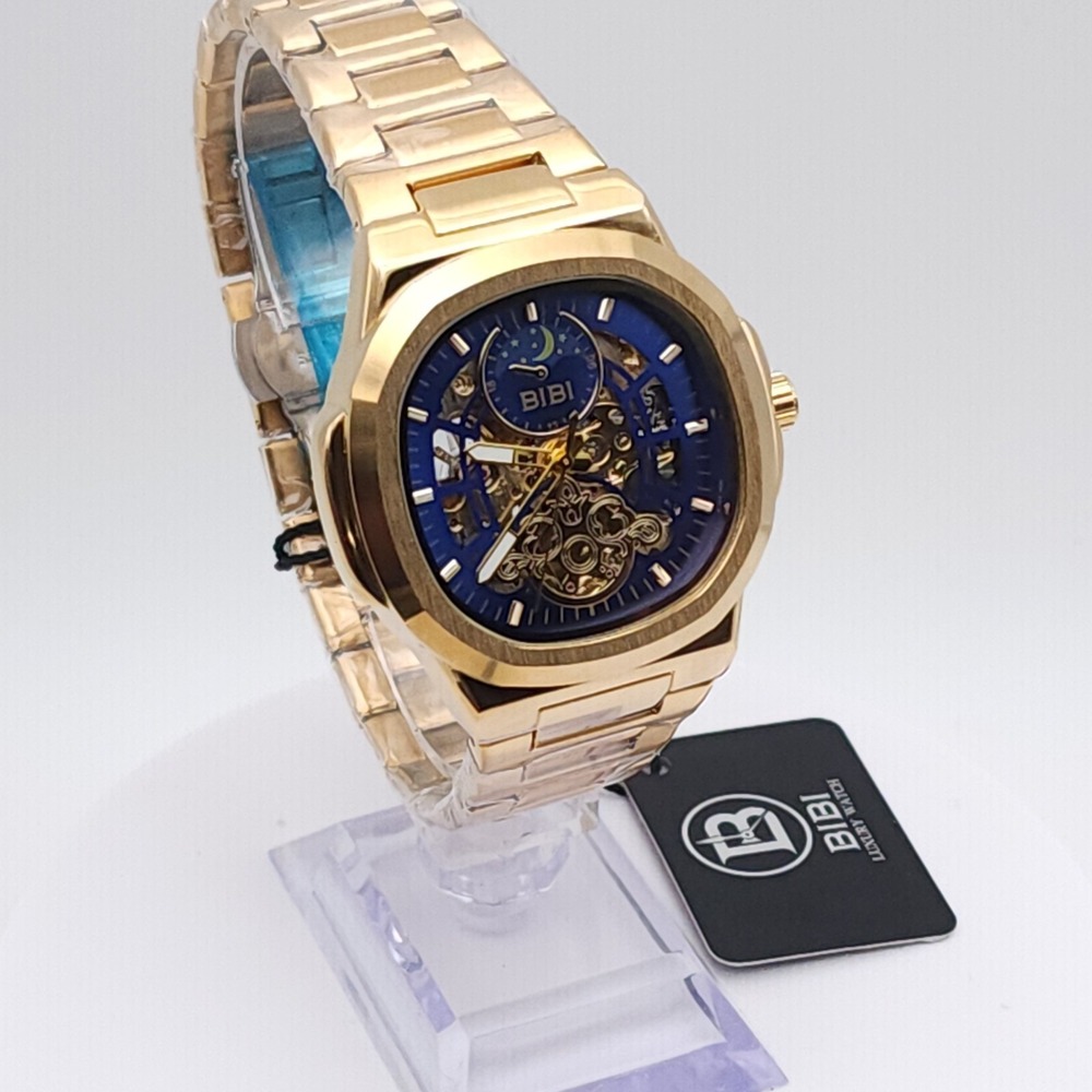BIBI Automatic Skeleton Watch Men's Gold Tone Blue Dial 42mm Box New Luxury - Picture 15 of 17